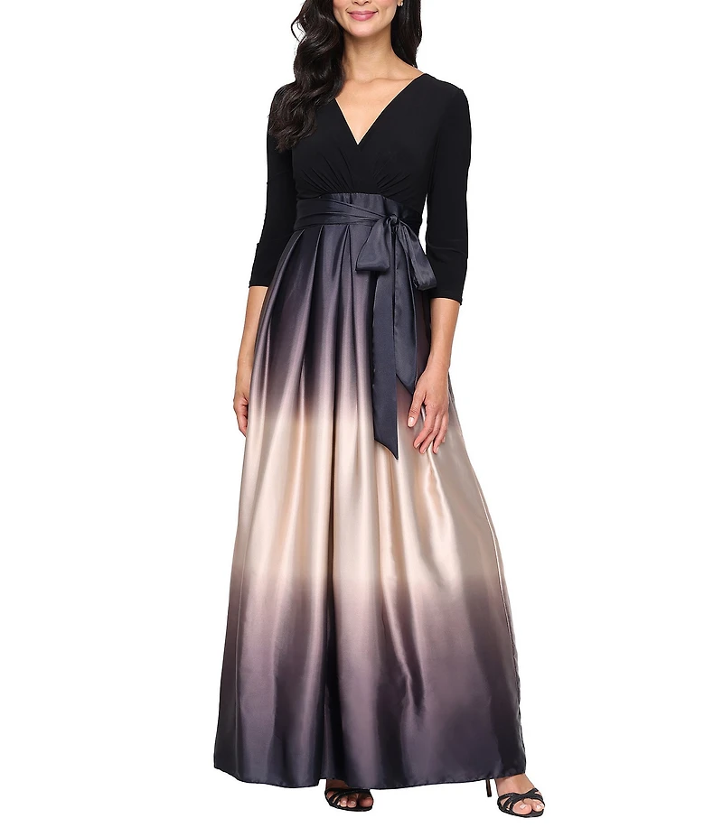 Ignite Evenings Satin Charmeuse Ombre Skirt Tie Waist Matte Jersey Bodice 3/4 Sleeve V-Neck Ball Gown