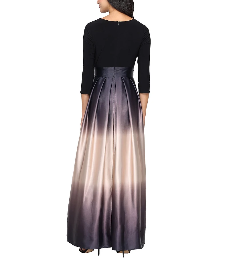 Ignite Evenings Satin Charmeuse Ombre Skirt Tie Waist Matte Jersey Bodice 3/4 Sleeve V-Neck Ball Gown