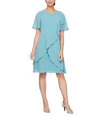 Ignite Evenings Scoop Neck Short Sleeve Tulip Overlay Beaded Trim Chiffon Dress