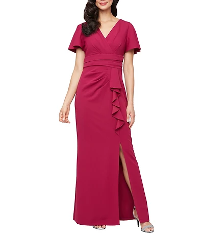 Ignite Evenings Scuba Crepe Ruched Waist Cascade Skirt Short Flutter Sleeve Dress