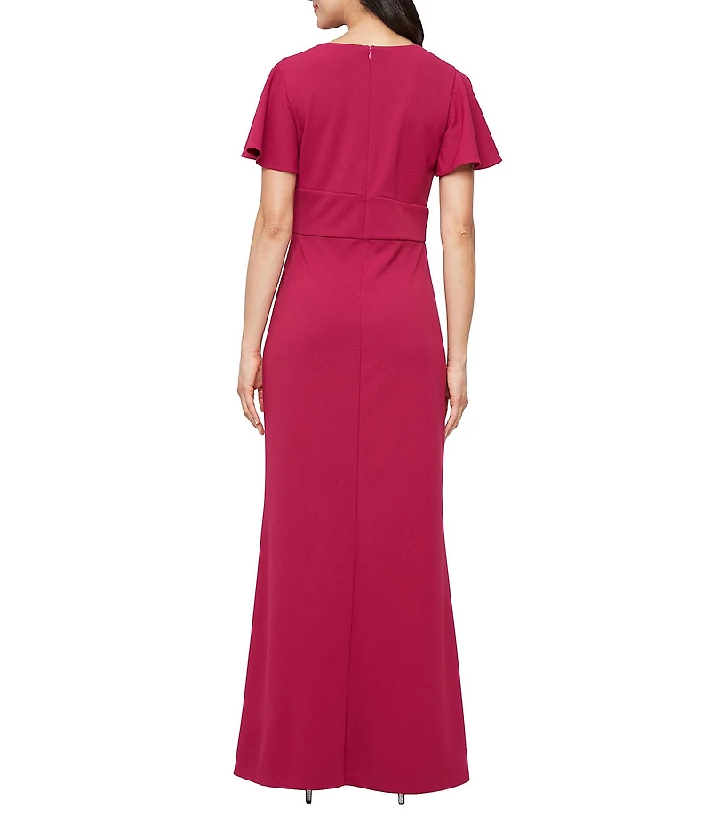 Ignite Evenings Scuba Crepe Ruched Waist Cascade Skirt Short Flutter Sleeve Dress