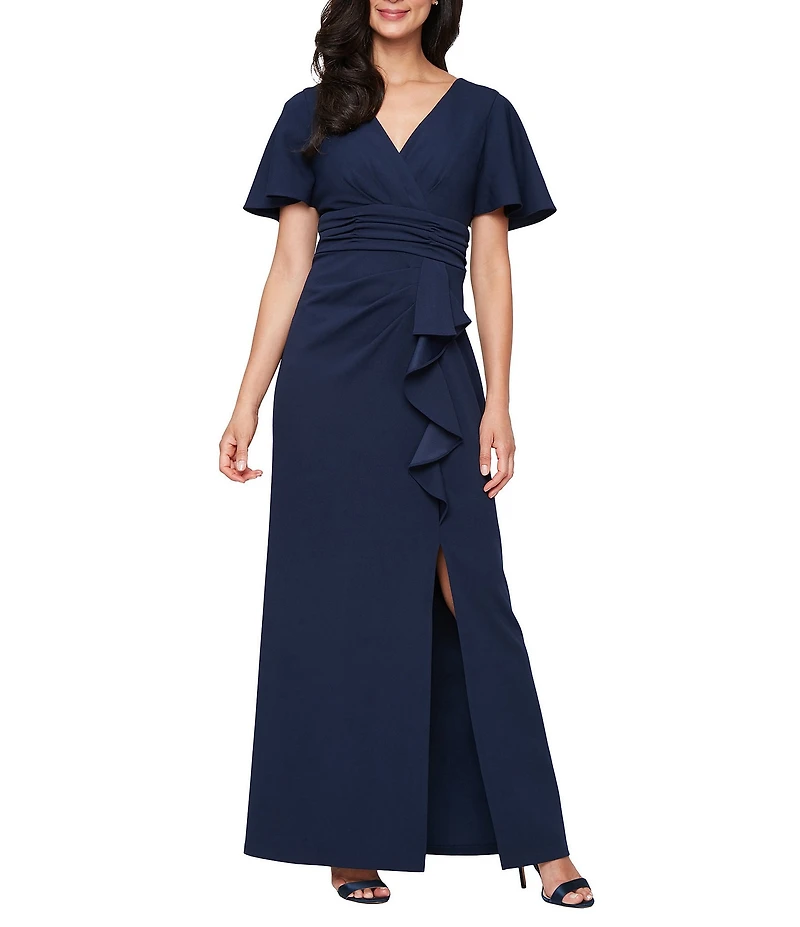 Ignite Evenings Scuba Crepe Ruched Waist Cascade Skirt Short Flutter Sleeve Dress