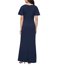 Ignite Evenings Scuba Crepe Ruched Waist Cascade Skirt Short Flutter Sleeve Dress
