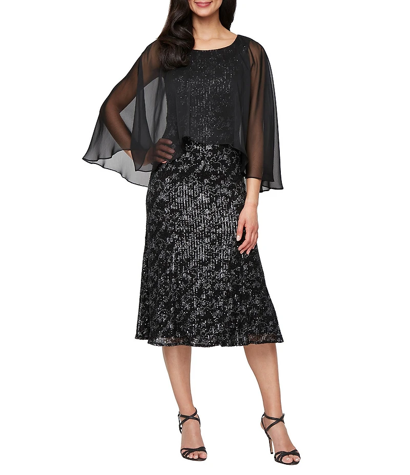 Ignite Evenings Sequin Chiffon Cascade Sleeve Midi Dress
