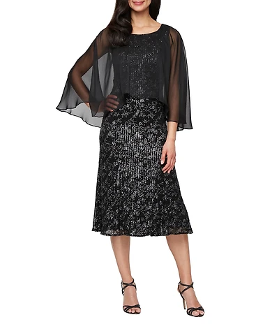 Ignite Evenings Sequin Chiffon Cascade Sleeve Midi Dress