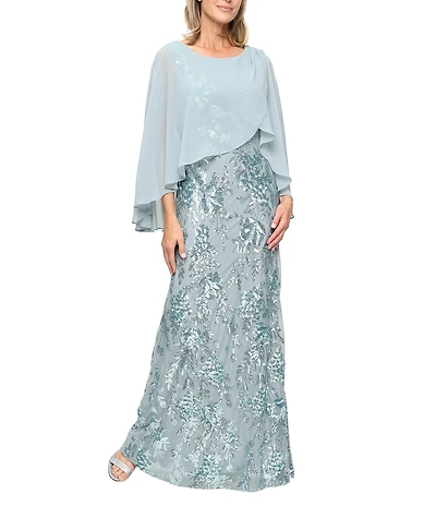 Ignite Evenings Sequin Embroidered Tulip Long Caplet Sleeve Chiffon Overlay Dress