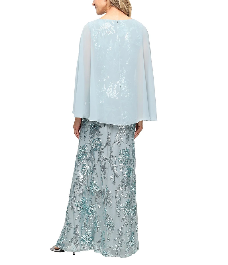 Ignite Evenings Sequin Embroidered Tulip Long Caplet Sleeve Chiffon Overlay Dress
