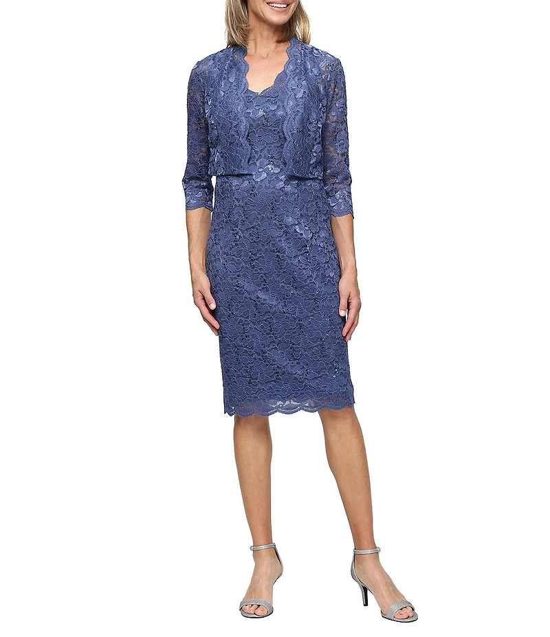 Ignite Evenings Sequin Lace 3/4 Bolero Jacket Sheath Dress