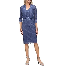 Ignite Evenings Sequin Lace 3/4 Bolero Jacket Sheath Dress