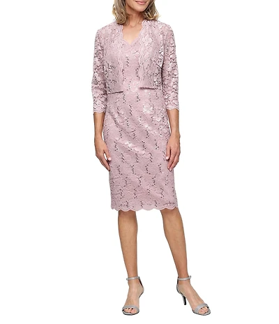 Ignite Evenings Sequin Lace 3/4 Bolero Jacket Sheath Dress
