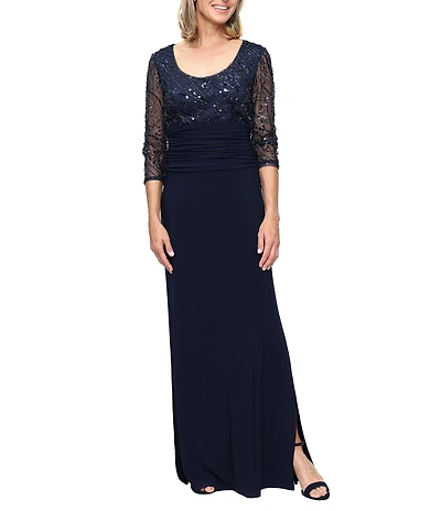Ignite Evenings Sequin Scoop Neck 3/4 Illusion Sleeve Long Gown