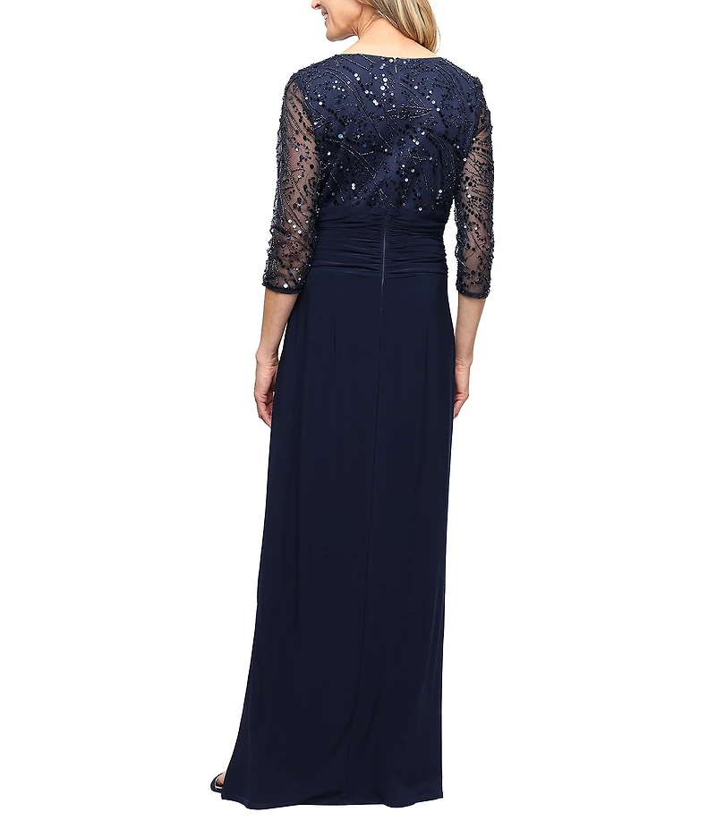 Ignite Evenings Sequin Scoop Neck 3/4 Illusion Sleeve Long Gown