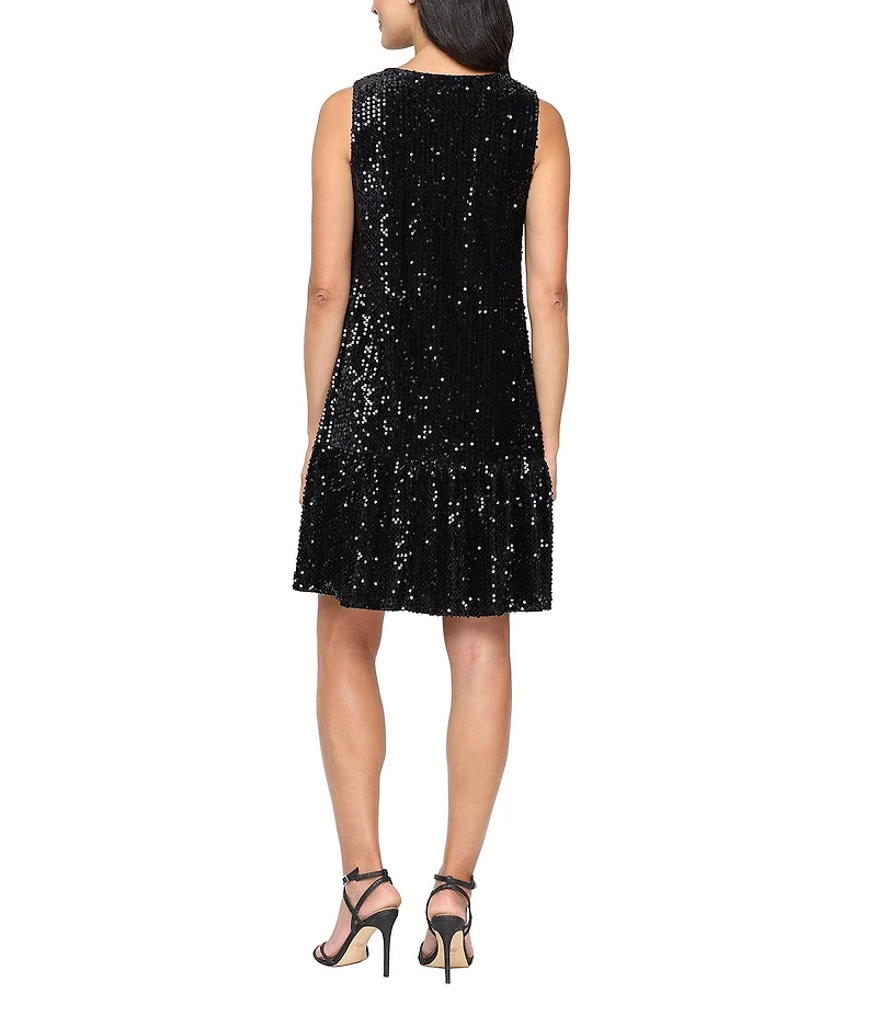 Ignite Evenings Sequin V-Neck Sleeveless Flounce Hem Shift Dress