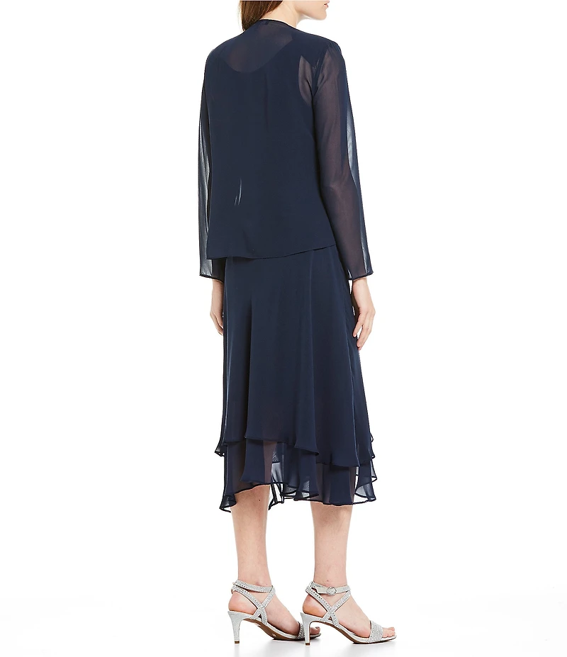 Ignite Evenings Sequined Shoulder Scoop Neck Tiered 2-Piece Midi Jacket Dress