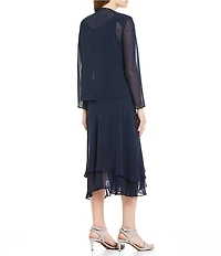 Ignite Evenings Sequined Shoulder Scoop Neck Tiered 2-Piece Midi Jacket Dress