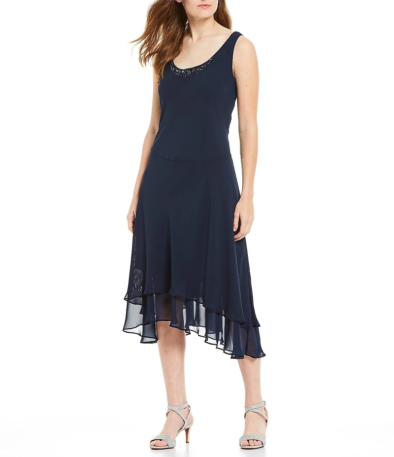 Ignite Evenings Sequined Shoulder Scoop Neck Tiered 2-Piece Midi Jacket Dress