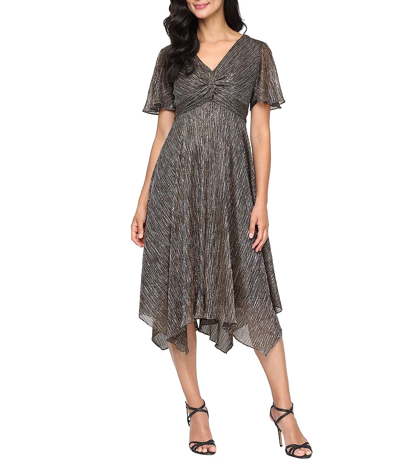 Ignite Evenings Shimmer Bodre V-Neck Knot Front Short Flutter Sleeve Pointed Hem Empire Midi Dress