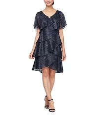Ignite Evenings Shimmer Tiered Ruffle V-Neck Embellishment Short Flutter Sleeve Shift Dress