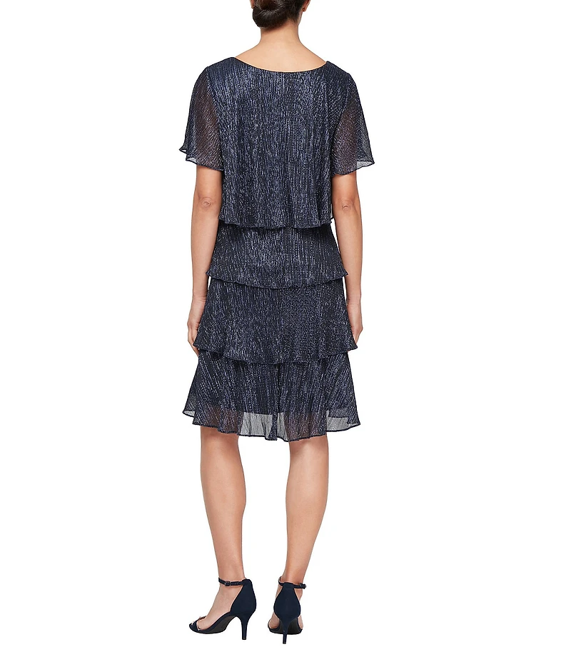 Ignite Evenings Shimmer Tiered Ruffle V-Neck Embellishment Short Flutter Sleeve Shift Dress