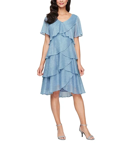 Ignite Evenings Shimmer Tiered Ruffle V-Neck Embellishment Short Flutter Sleeve Shift Dress