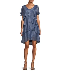 Ignite Evenings Shimmer Tiered Ruffle V-Neck Embellishment Short Flutter Sleeve Shift Dress
