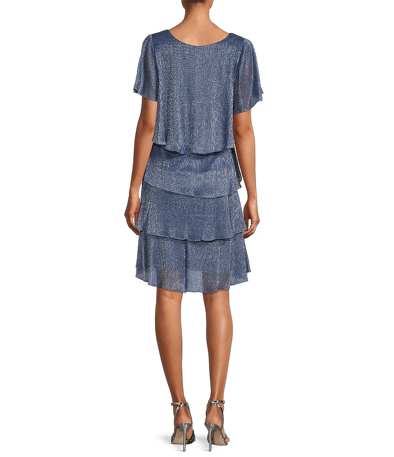 Ignite Evenings Shimmer Tiered Ruffle V-Neck Embellishment Short Flutter Sleeve Shift Dress