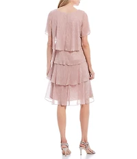 Ignite Evenings Shimmer Tiered Ruffle V-Neck Embellishment Short Flutter Sleeve Shift Dress