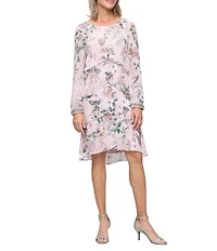 Ignite Evenings Floral Short Chiffon Illusion Bubble Sleeve With Beaded Cuff Tiered Dress