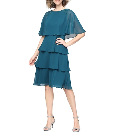Ignite Evenings Short Chiffon Tiered Beaded Shoulder Dress