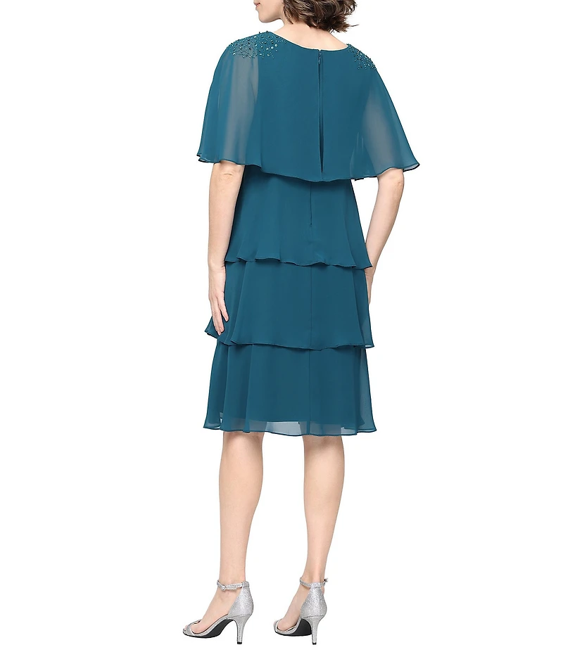 Ignite Evenings Short Chiffon Tiered Beaded Shoulder Dress