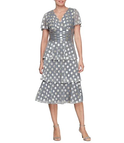 Ignite Evenings Short Flutter Sleeve Cold Shoulder Surplice V-Neck Polka Dot Tier Chiffon Dress