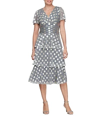 Ignite Evenings Short Flutter Sleeve Cold Shoulder Surplice V-Neck Polka Dot Tier Chiffon Dress