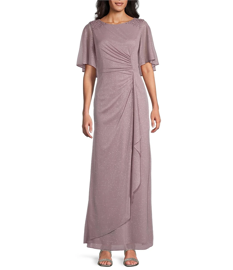 Ignite Evenings Short Flutter Sleeve Scoop Neck Glitter Mesh Dress
