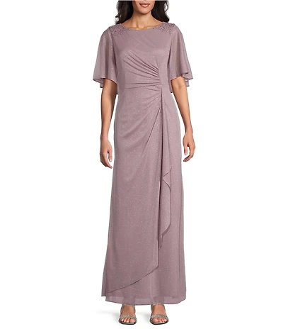 Ignite Evenings Short Flutter Sleeve Scoop Neck Glitter Mesh Dress