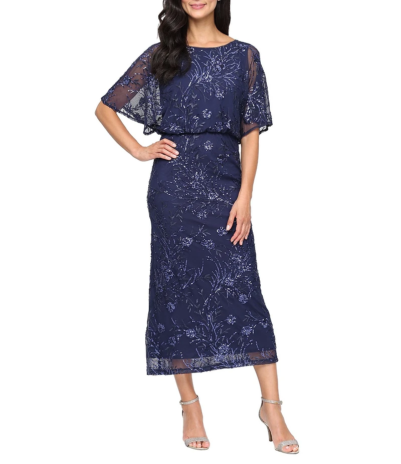Ignite Evenings Short Flutter Sleeve Sequin Blouson Midi Dress