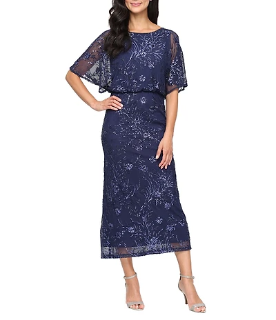 Ignite Evenings Short Flutter Sleeve Sequin Blouson Midi Dress