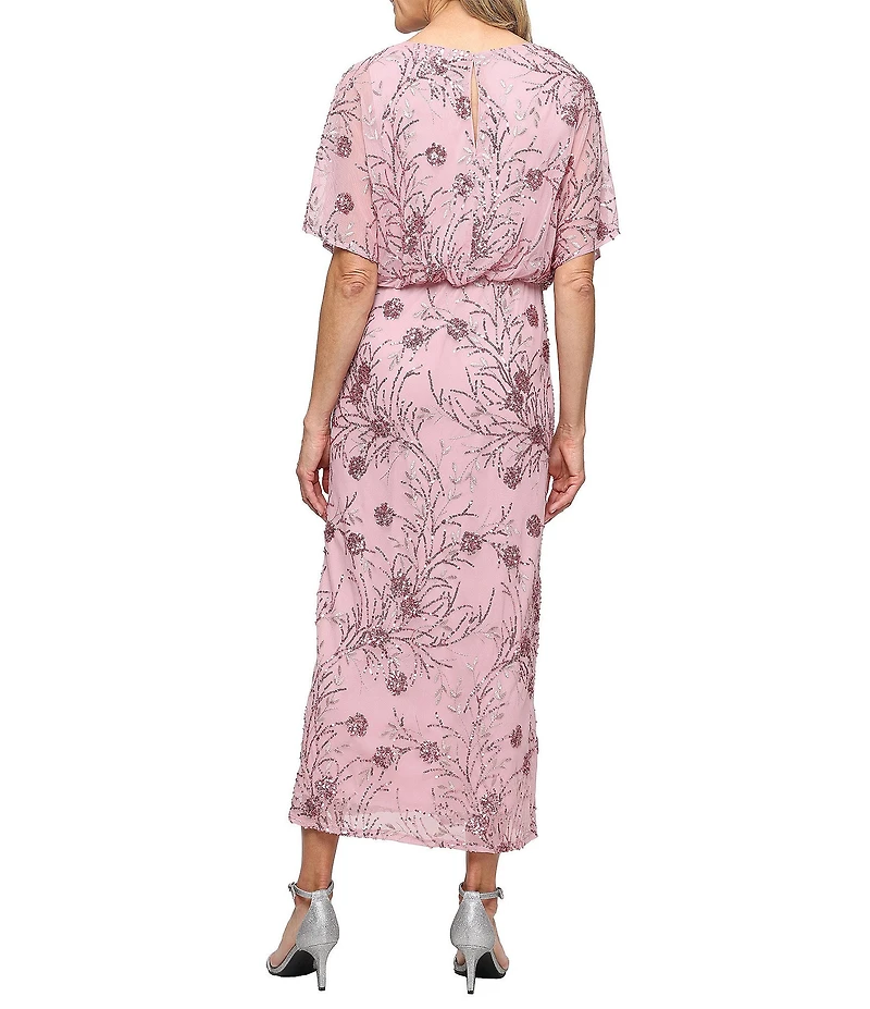 Ignite Evenings Short Flutter Sleeve Sequin Blouson Midi Dress