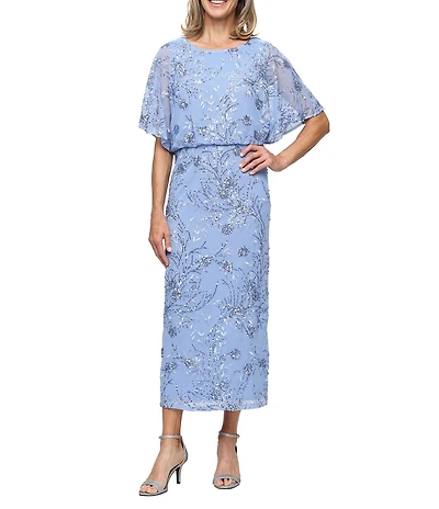 Ignite Evenings Short Flutter Sleeve Sequin Blouson Midi Dress