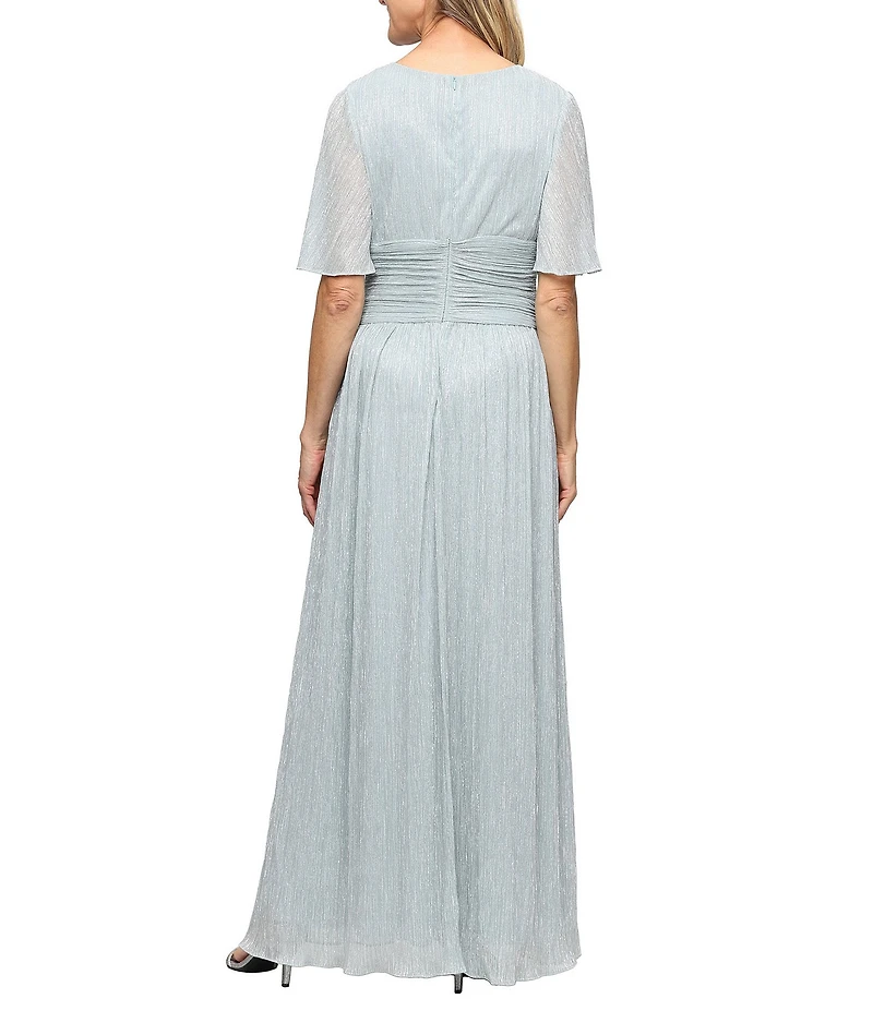 Ignite Evenings Short Flutter Sleeve Surplice V-Neck Ruched Waist A-Line Gown