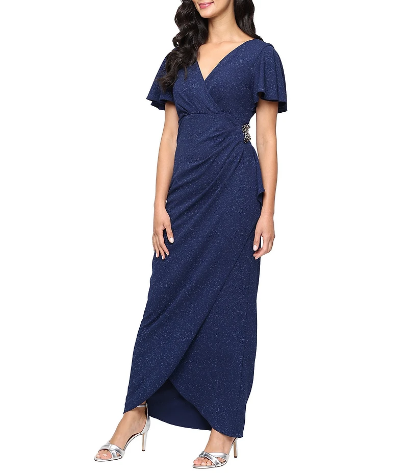 Ignite Evenings Short Flutter Sleeve V-Neck Glitter Knit Empire Embellished Waist Faux Wrap Maxi Dress
