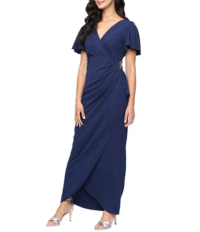 Ignite Evenings Short Flutter Sleeve V-Neck Glitter Knit Empire Embellished Waist Faux Wrap Maxi Dress