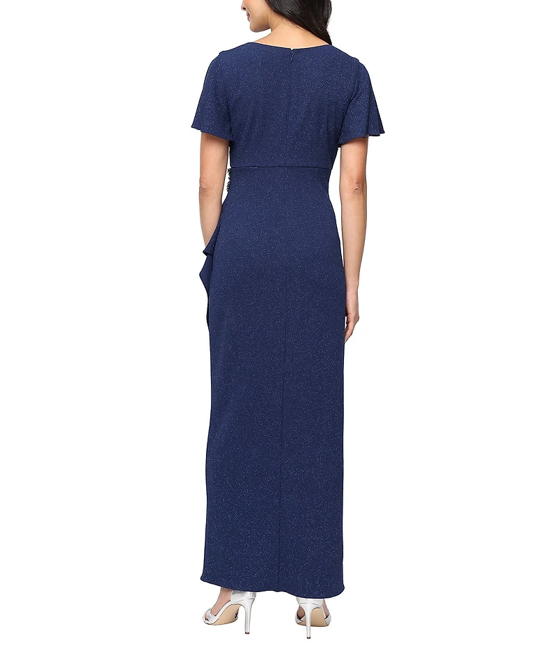 Ignite Evenings Short Flutter Sleeve V-Neck Glitter Knit Empire Embellished Waist Faux Wrap Maxi Dress