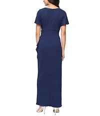 Ignite Evenings Short Flutter Sleeve V-Neck Glitter Knit Empire Embellished Waist Faux Wrap Maxi Dress