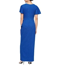 Ignite Evenings Short Flutter Sleeve V-Neck Glitter Knit Empire Embellished Waist Faux Wrap Maxi Dress