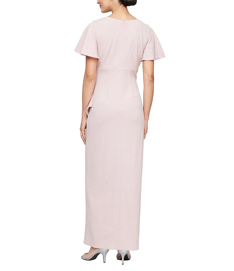 Ignite Evenings Short Flutter Sleeve V-Neck Glitter Knit Empire Embellished Waist Faux Wrap Maxi Dress