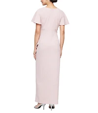 Ignite Evenings Short Flutter Sleeve V-Neck Glitter Knit Empire Embellished Waist Faux Wrap Maxi Dress
