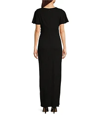 Ignite Evenings Short Flutter Sleeve V-Neck Glitter Knit Empire Embellished Waist Faux Wrap Maxi Dress