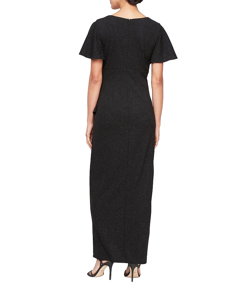 Ignite Evenings Short Flutter Sleeve V-Neck Glitter Knit Empire Embellished Waist Faux Wrap Maxi Dress
