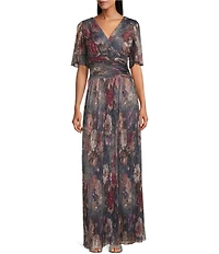 Ignite Evenings Short Flutter Sleeve V-Neck Ruched Waist Gown