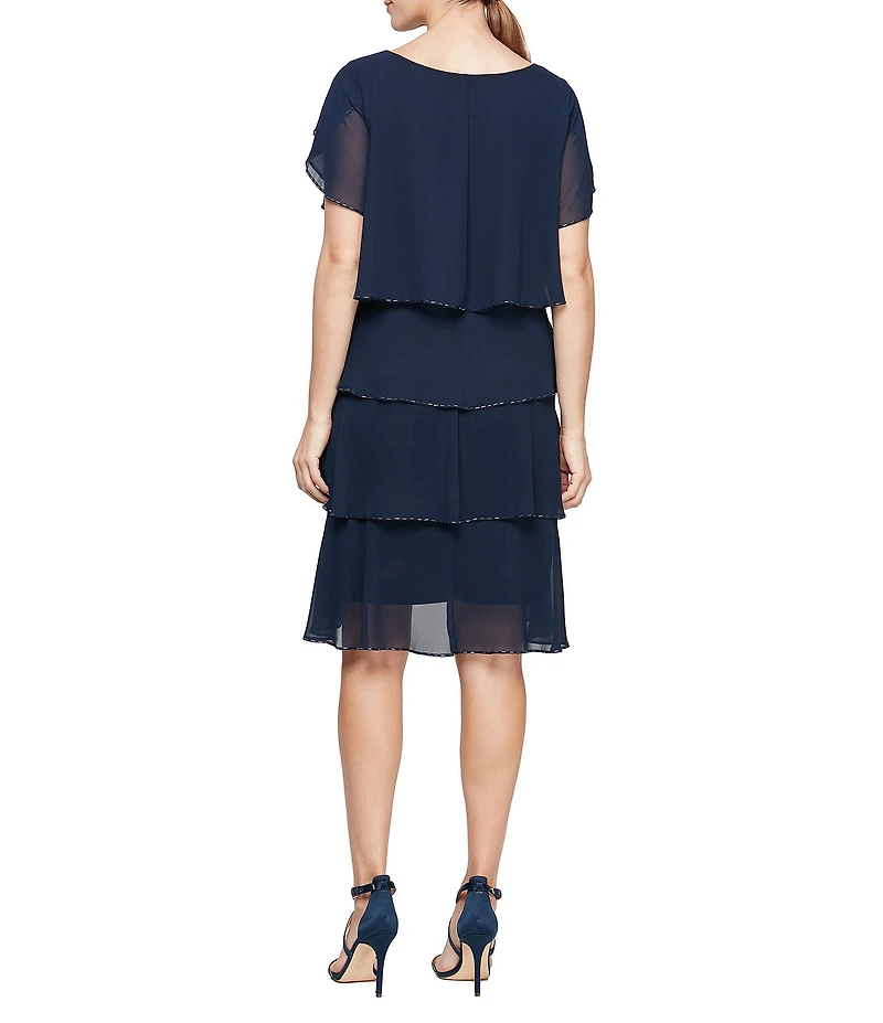 Ignite Evenings Beaded Trim Tiered Scoop Neck Short Flutter Sleeve Tiered Ruffle Hem Dress